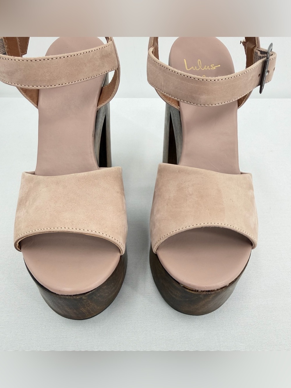 Leather Wood Platform Block Heel Sandals Nude 6.5 resort boho eurosummer coastal - Picture 9 of 16